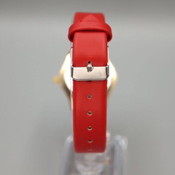 Geneva Ladies Gold Tone Flower Watch Jewel Bezel Red Faux Leather w New Battery - Picture 6 of 10